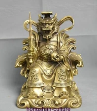 11'' Old Chinese Bronze Gold Gilt Sit Chair Donghai Sea Dragon King Statue