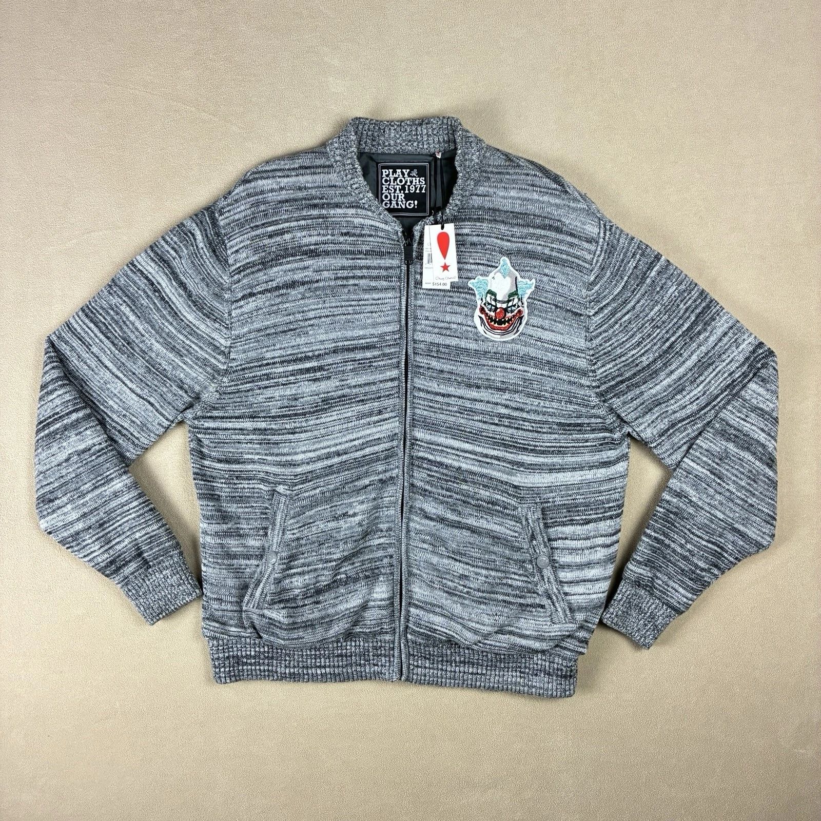 Play Cloths Fratellini Clown Knit Bomber Jacket XL Heather Charcoal 100% Cotton - product detail image 1