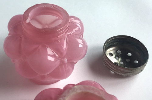 Bulging Three Petal Cased Pink Glass Salt Pepper Mustard Condiment Set 1890s - Picture 12 of 17