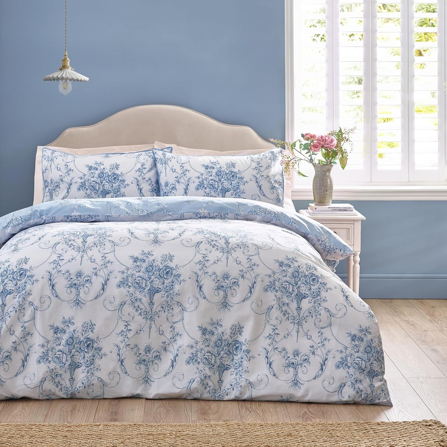 Catherine Lansfield Royal Damask Duvet Cover Double Quilt Bedding Set Blue White