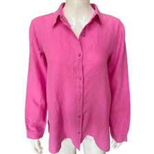 Eileen Fisher $168 Collar Organic Linen Long Button-Up Shirt Tulip Pink Size XXS