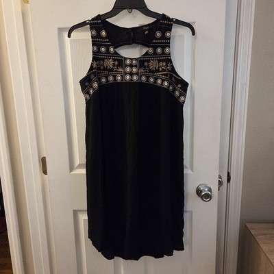 Cupio sz L black embroidered slvless shift dress cutout casual boho peasant