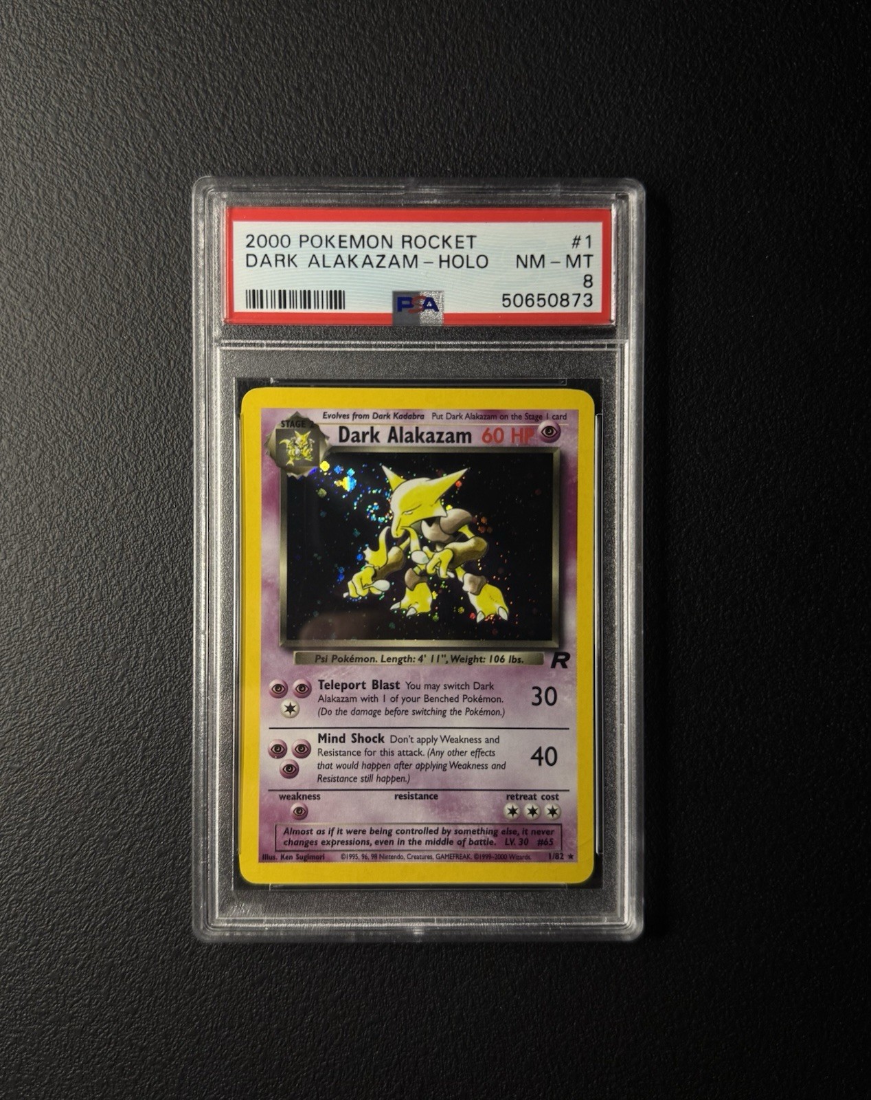 2000 POKEMON ROCKET #1 DARK ALAKAZAM-HOLO PSA 8 PERFECT SWIRL