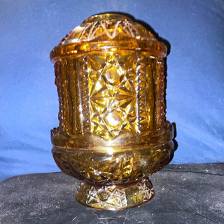 Unmarked Amber Pressed Glass Geometric Pattern Decorative Candle Holder