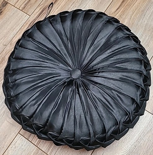 Borgata Pintuck Cuscino a Getto Pieghettato Raso Taffetà Tondo NERO - Foto 1 di 4