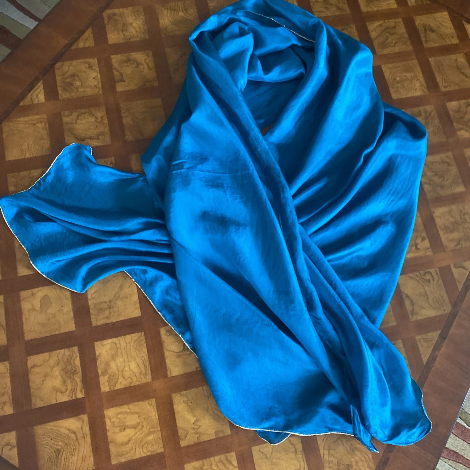 Vintage Sheer Silk Scarf Stole Pashnima Wrap Bright Blue Gold Trim 73x34" New