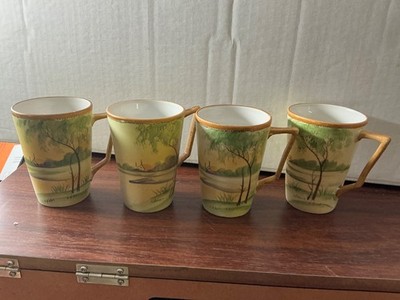 Nippon Hand Painted E-OH Cups Mugs Set of 4 Landscape Scene EUC