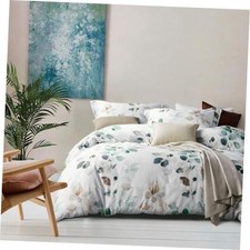 White Floral Green Leaves Luxury Duvet Cover Set 3pcs King 100 Long-Staple