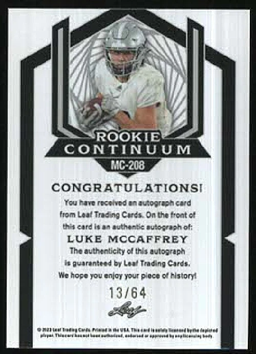 2023 Leaf Metal Rookie Continuum LUKE MCCAFFREY Autograph RC Auto Card #13/64 - Image 2 of 2