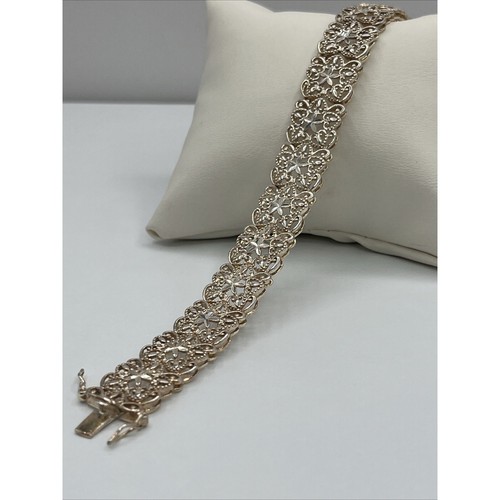 Sterling Silver 925 Linked Filigree Bars Bracelet Diamond Cut Sparkle - Picture 4 of 8