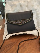 Black Satin Evening Bag Purse with beading and braided strap