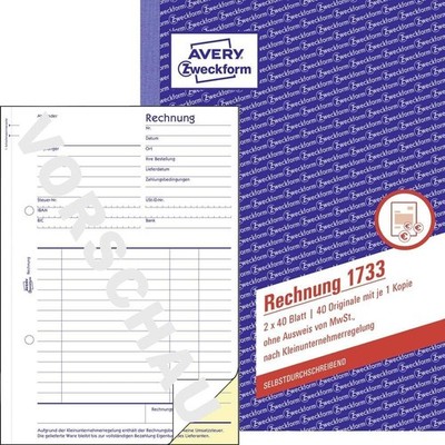 AVERY Zweckform Formularbuch ''Rechnung'' ohne USt. SD A5 2 x 40 Blatt