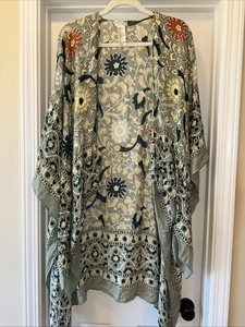 Free People Magic Dance Border Print Duster Boho Kimono Moss Green-One Size