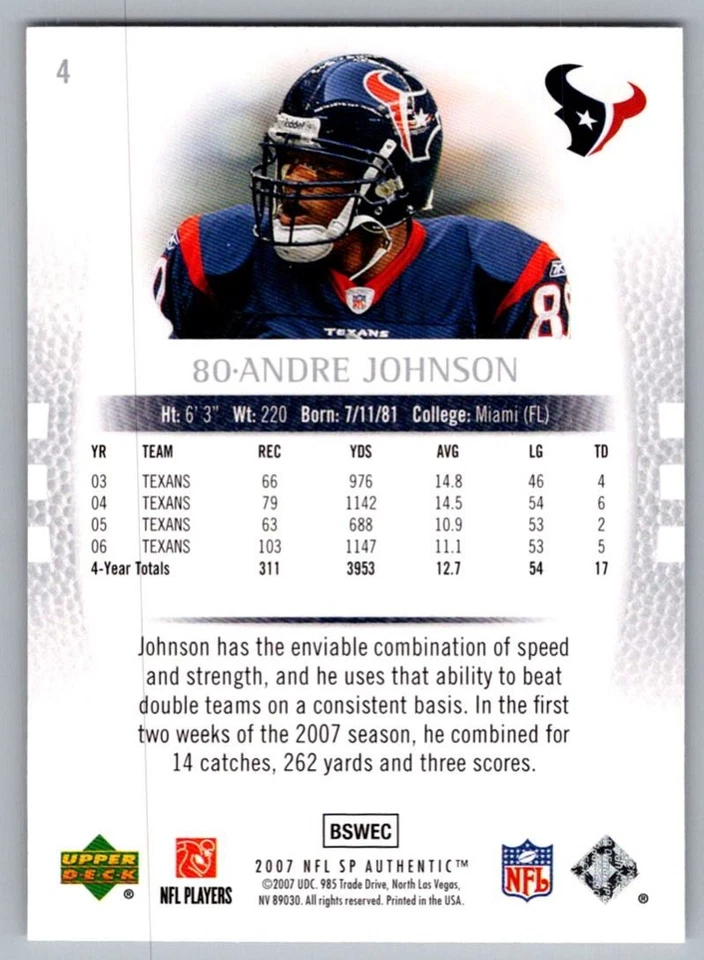 2007 SP Authentic Andre Johnson Houston Texans #4 - Image 2 of 2