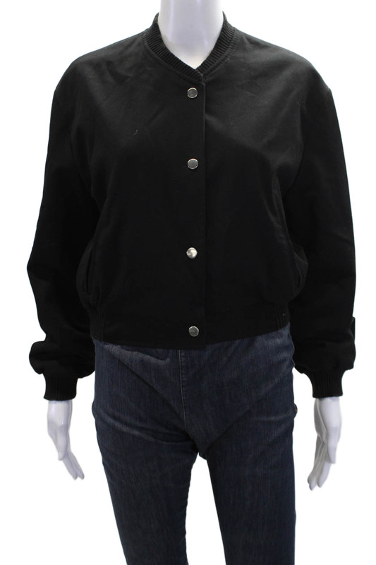 Zara Womens Textured Cotton Long Sleeve Cropped Button Jacket Black Size S