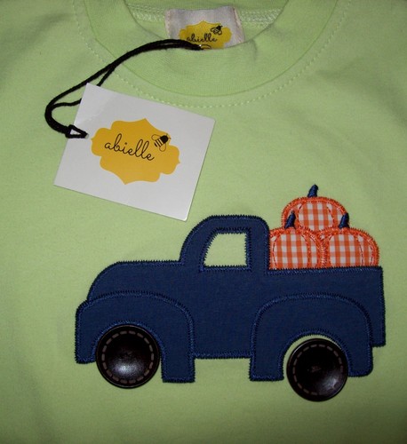 Niño 18 M: NUEVO CON ETIQUETAS Boutique ~ABIELLE~ Aplique CAMIÓN/CALABAZAS Verde Menta Camiseta - Imagen 3 de 3