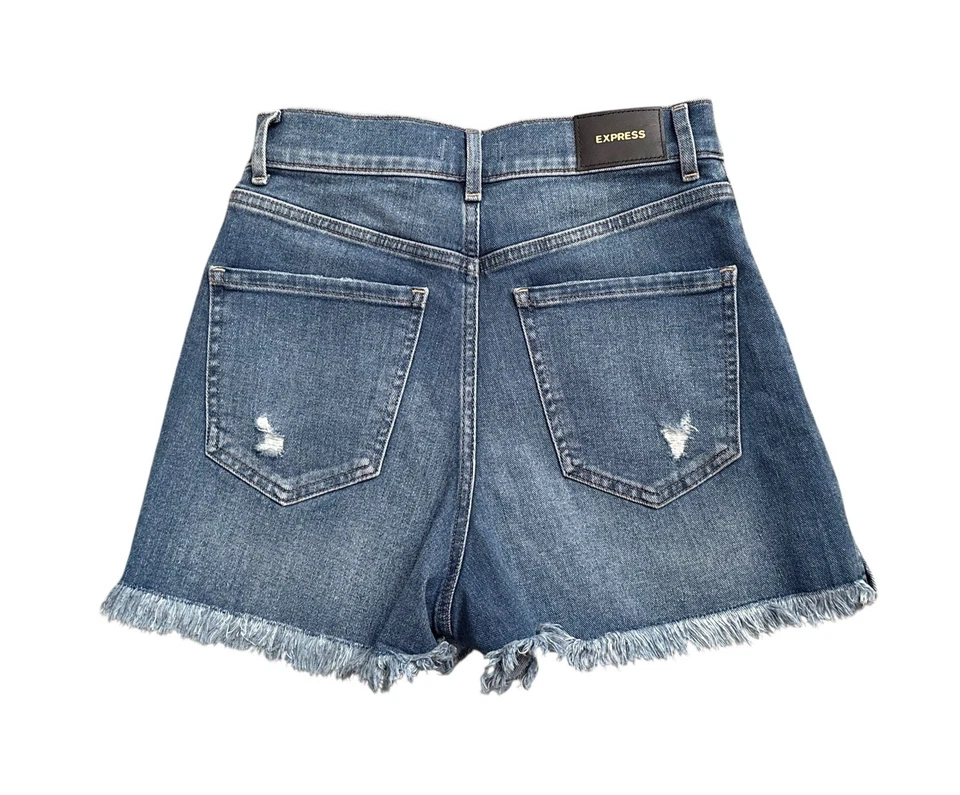 Pantalones Cortos Express Super High Rise Mamá Desgastados Dobladillo Deshilachado Denim Azul Talla 00 Foto 2 de 4