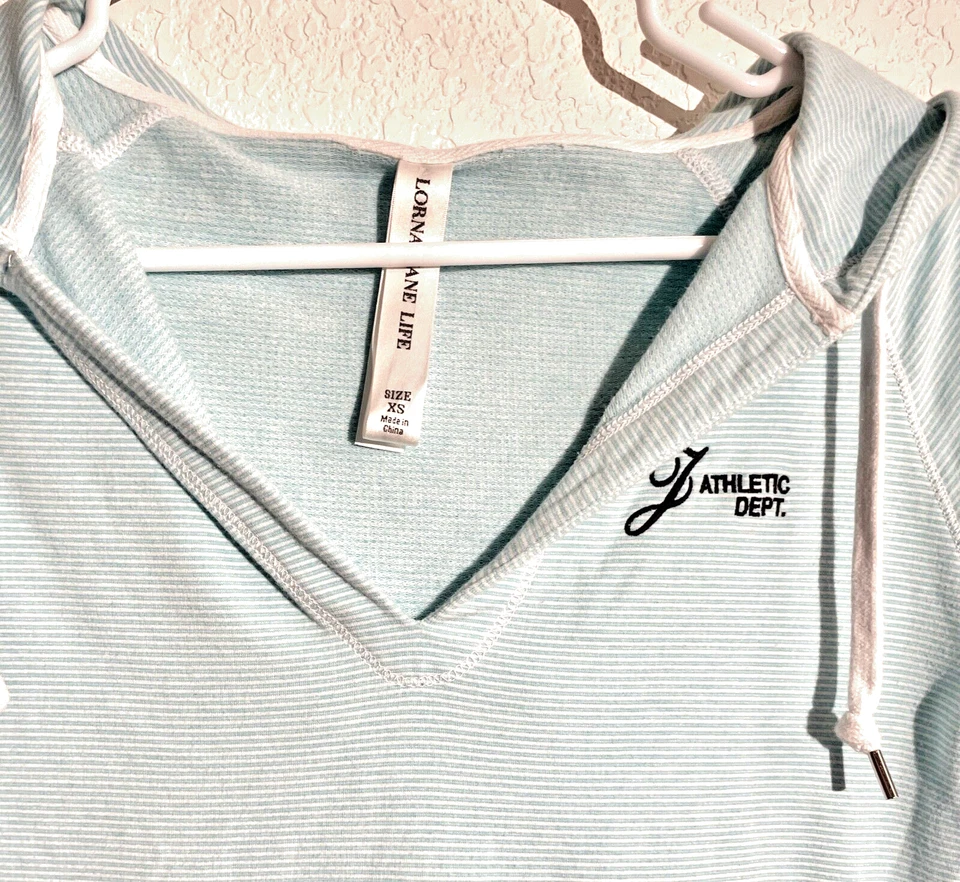 Lorna Jane Life Pullover Sudadera con Capucha Azul y Blanco Rayas Talla XS LC2027 Foto 2 de 4