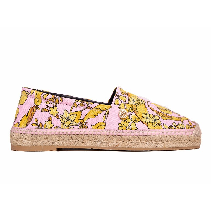VERSACE♪セール♪ESPADRILLES 37 NEW $550 VERSACE Pink Yellow BAROCCO FLORAL LOGO