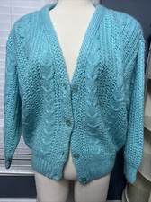 Vintage WYE OAKS Cardigan Sweater Sz M Chunky Knit Cableknit Turquoise Aqua Blue