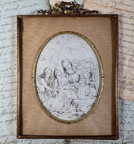 Antique French Bow Top Frame with Artist's Intaglio Print from a Book, Religious - Picture 1 of 10