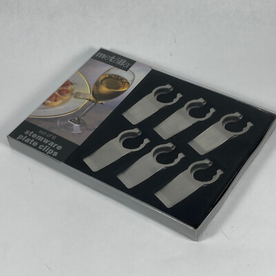 Brushed Stainless Steel Metalla Wine Glass Stemware To Plate Clips Set of 6 NEW