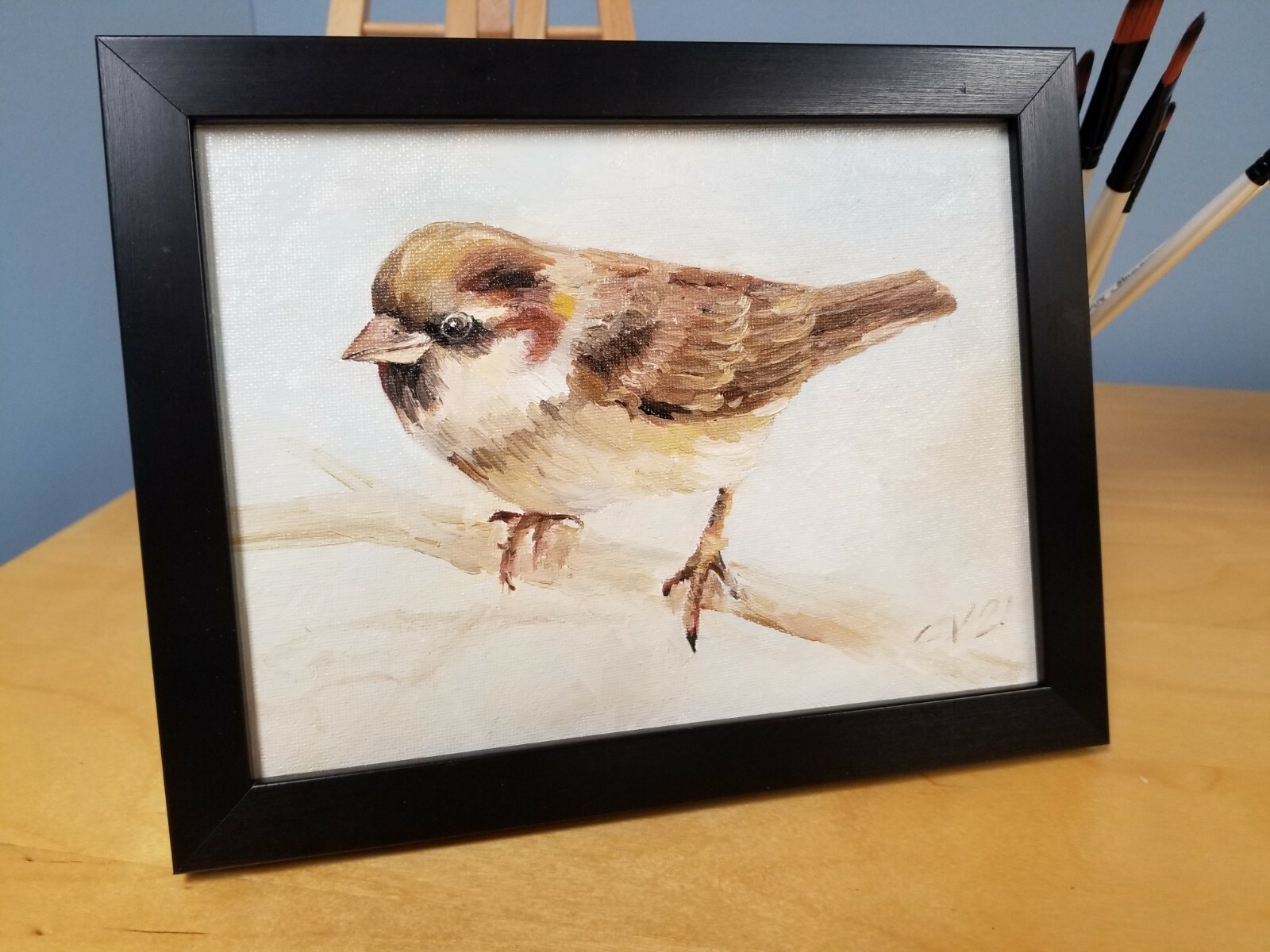 Sparrow. Original oil painting Backyard bird. Fine art. 6×8 Framed Ograniczona SPRZEDAŻ, cena zysku