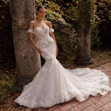 Sexy Mermaid Wedding Dresses Strapless Lace Flower Appliques Beach Bridal Gowns