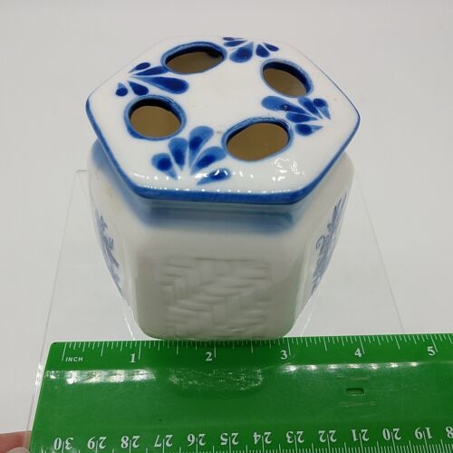 Porcelain Incense Burner Frog Toothbrush Holder White Blue Flower Six Sides 3" - Picture 7 of 11