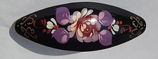 New Handpainted Oval Hair Barrettes Purple Floral w/Black Lacquer on Wood