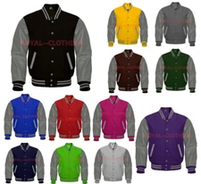 Varsity Baseball Letterman Wool and Grey Genuine Leather Sleeves Jacket XS~7XL