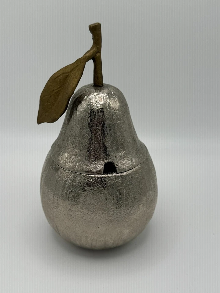 Discontinued Michael Aram Nickel Plated Pear Honey Pot Brass Leaf Brown Enamel - Image 2 of 4