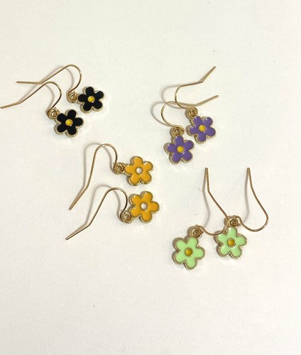 Purple Enamel Small Flower Charm Dangle Earrings Rose Gold Plated Hypoallergenic - Picture 14 of 14