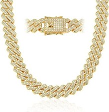 Men's 12MM 14K Gold Plated Iced CZ Out Miami Cuban Link Bracelet Chain Set