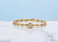 14k Solid Gold Rope Design Diamond Ring Bezel Set Twist Diamond Ring Twisted