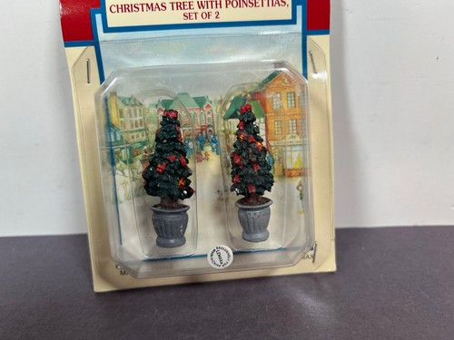 Lemax CHRISTMAS TREE WITH POINSETTIAS SET OF 2 Poly-Resin Figurine 1998 84269 - Picture 2 of 5