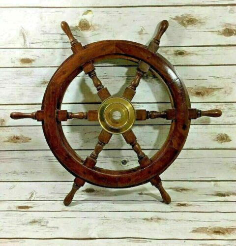 24"Brass Wooden Vintage Ship Steering Wheel Pirate Décor Wood Fishing Wall Boat - 第 1/8 張圖片