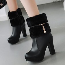 ry Womens High Block Heel Winter Ankle Boots Warm Platform Shoes Party Hot