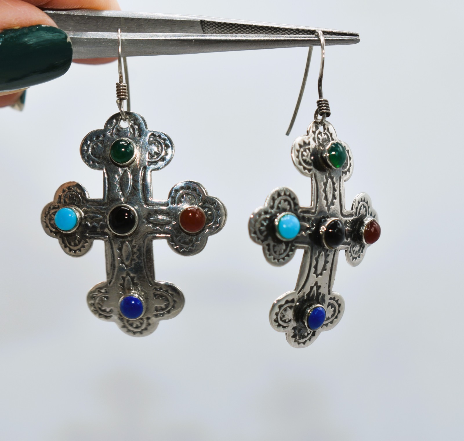 Multi-Gemstone Sterling Silver Dangle/Drop Cross … - image 8