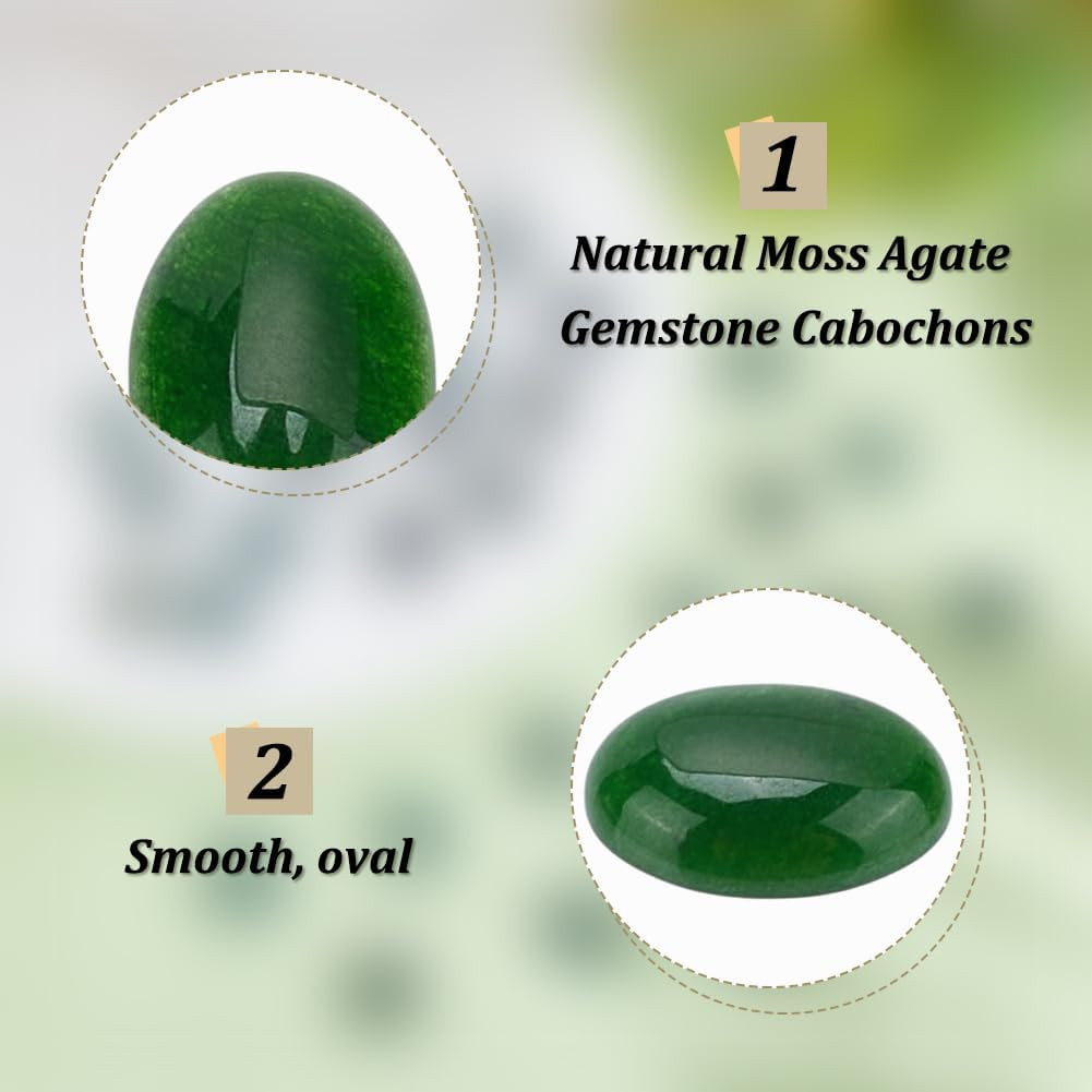 20Pcs Green Natural Oval Moss Stone 0.55 Inch Oval Cabochon Flatback Gemstones Q
