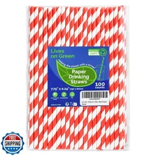 Lives on Green Disposable 7.75 inch Red White Striped Paper Straws Biodegrada
