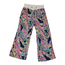 Lilly Pulitzer Linen Beach Pant Small Indigo Palm Reader Print Wide Leg 53413