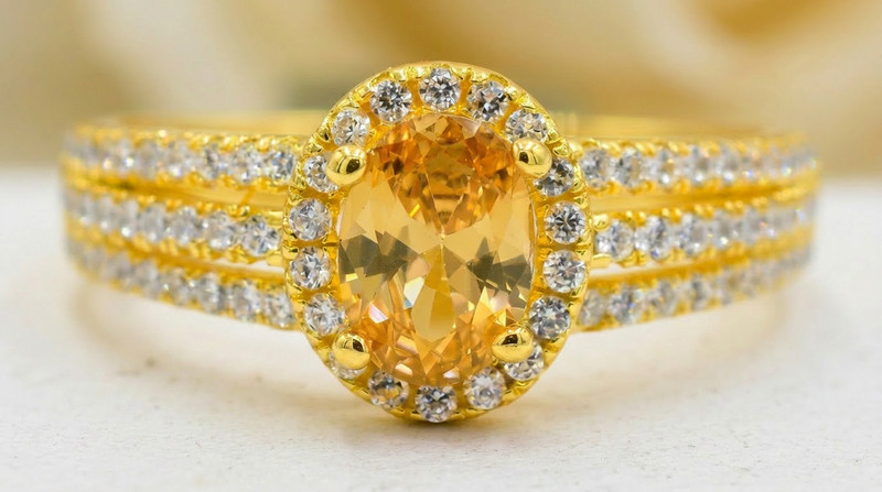 LAB CREATED 1.45 Cts YELLOW TOPAZ & W/SAPPHIRE RING 14k YELLOW GOLD PLATED (.925