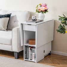 Versatile Console Table Folding Dining Table Drop Leaf Table w/2 Wheels-White
