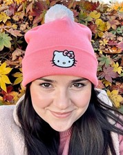 Hello Kitty Beanie Gloves Set Sanrio Pink Knit Pom Pom One Size NWT Girls