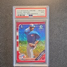 Topps 2019 Bowman Chrome Miguel Hiraldo BCP-184 Red Shimmer /10 PSA 9 Blue Jays