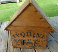antique folk art Ivorine advertising wood crate birdhouse pigeon bird animal