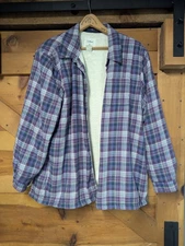 L.L. BEAN Purple White Blue Plaid Fleece Lined Button Shirt Jacket Size XL Soft