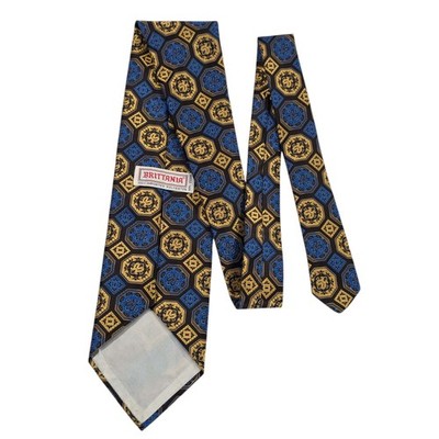 Vintage BRITTANIA Men's Silk Blend Geometric Pattern Necktie Blue Gold Retro