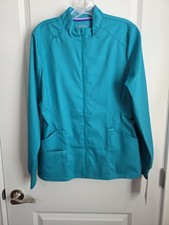 Landau Proflex Zip Front Funnel Neck 3 Pocket Scrub Jacket Teal Women's Small